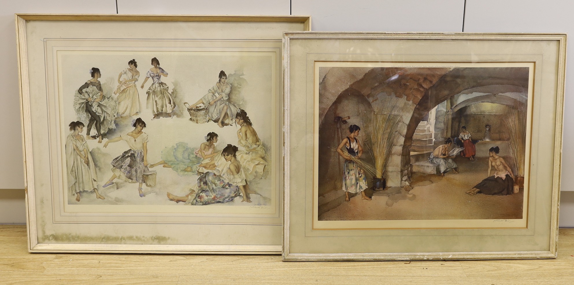 Sir William Russell Flint (1880-1969), two signed limited edition prints, Studies of models and Figures in a granary, both signed, largest 48 x 63cm